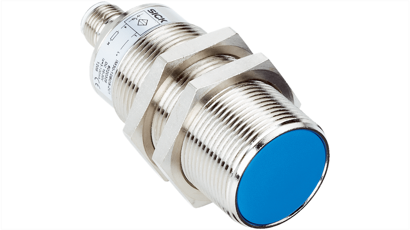 Sensore di prossimità induttivo cilindrico Sick IM30-15BPS-ZC1, PNP, M30, rilevamento 15 mm, IP67, montaggio a filo.