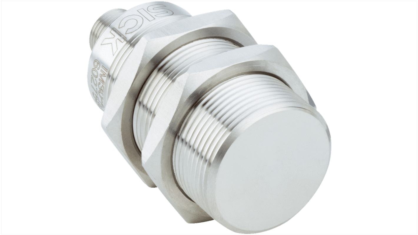 Sensore di prossimità induttivo cilindrico Sick IM30-20BPS-VC1, PNP, M30, rilevamento 20 mm, IP68, montaggio a filo.