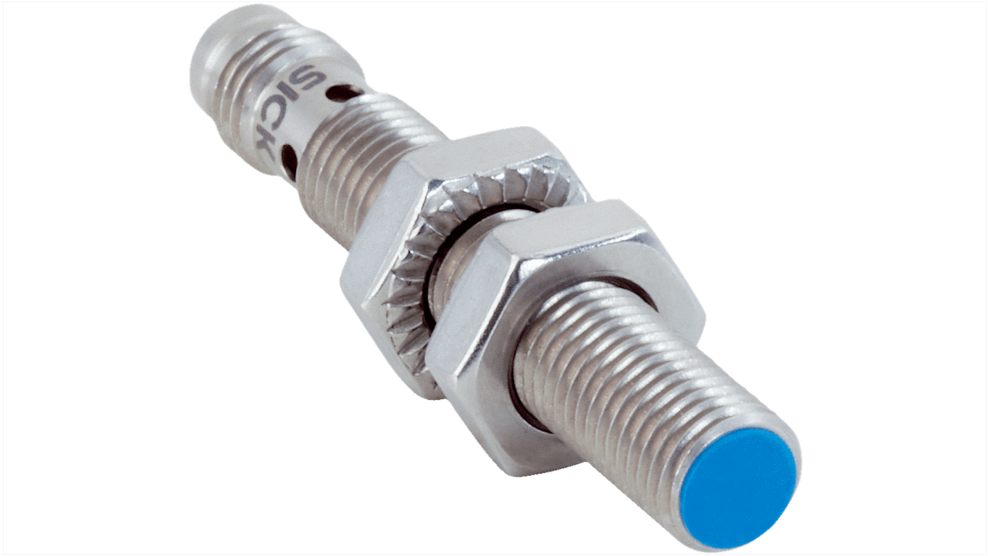 Sensore di prossimità induttivo cilindrico Sick IMB08-02BDSVTOS, filettatura M8, rilevamento 2 mm, IP67, alimentazione 10-30 V CC.