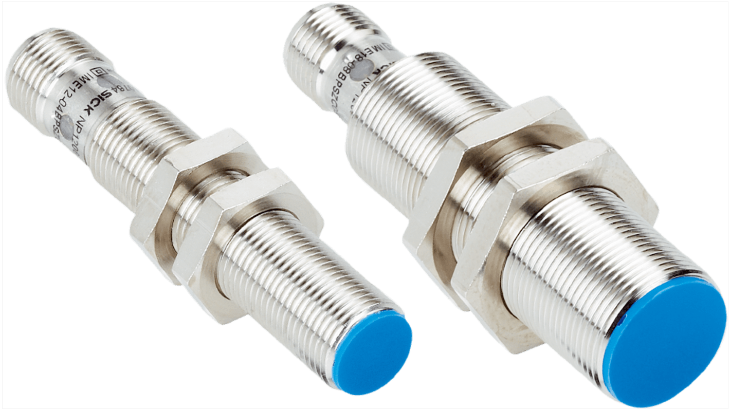 Sensore di prossimità induttivo cilindrico Sick IME12-04BNOZW2K, M12 x 1, uscita NPN, IP67, 4 mm di rilevamento, 10-30 V CC.