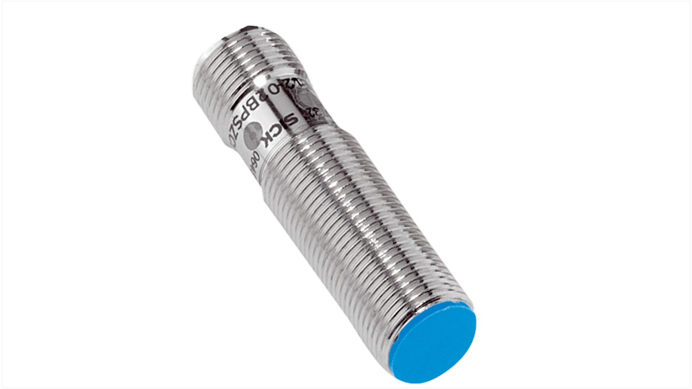 Sensore di prossimità induttivo cilindrico Sick IME12-04BPSZT0KS17, PNP, M12, rilevamento 4 mm, IP67, dimensioni 53x12 mm.