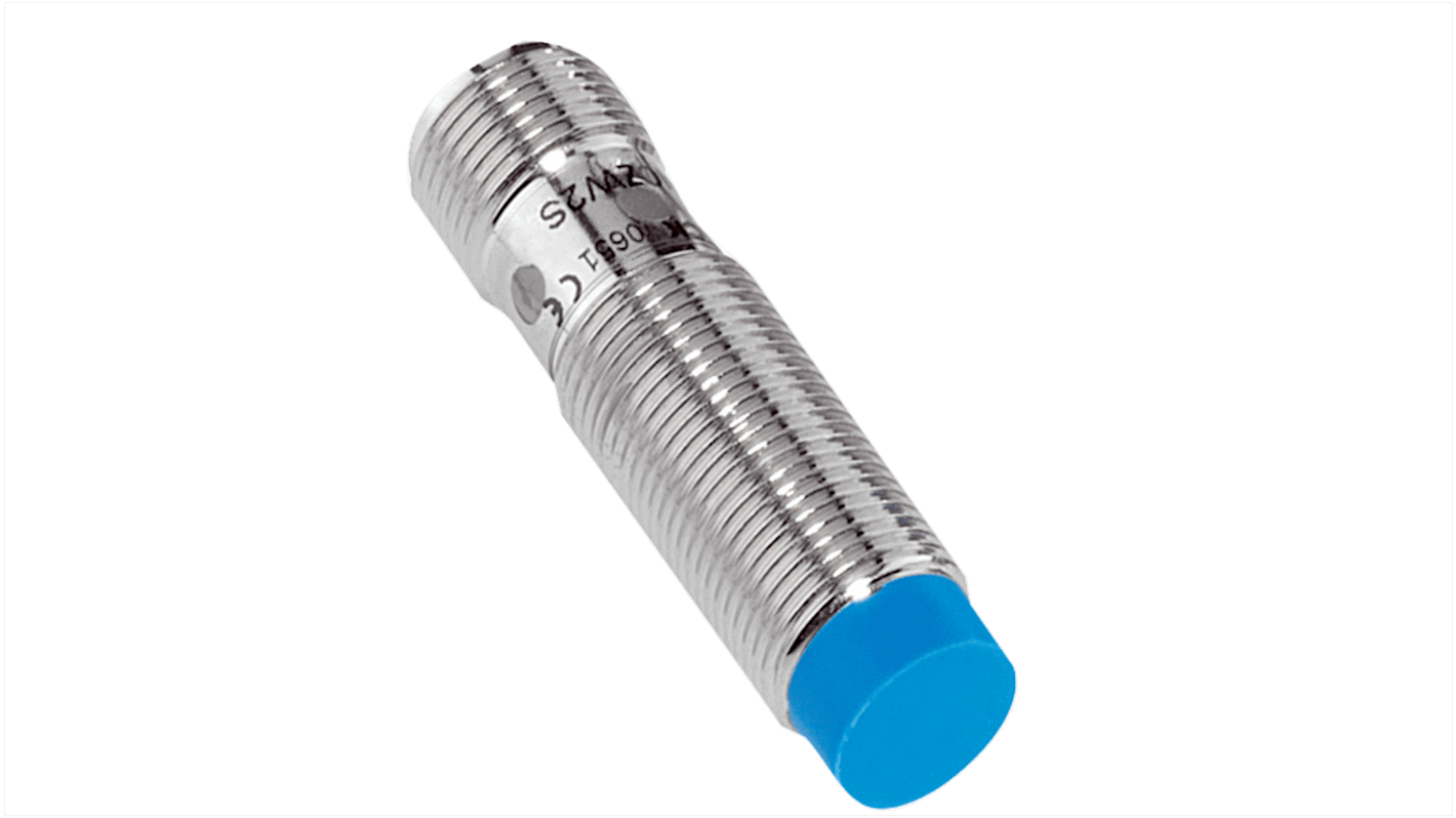 Sensore di prossimità induttivo cilindrico Sick IME12-04NPSVC0KS09, PNP, M12, rilevamento 4 mm, IP67, -25/+75 °C. Montaggio a filo.
