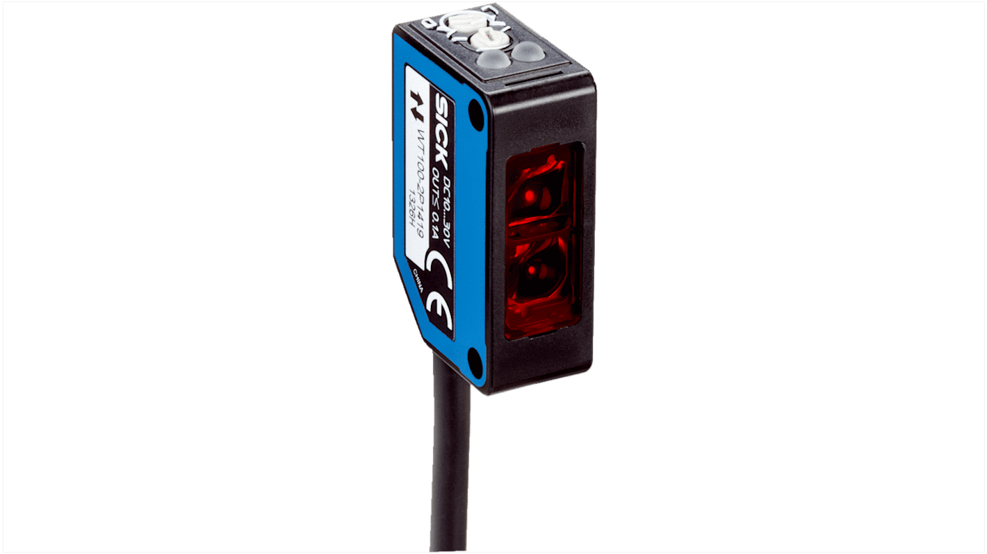 Sensore fotoelettrico miniaturizzato Sick WT100-2P1432S02, tipo prossimità, rilevamento fino a 1200 mm, montaggio su cavo, grado di protezione IP67.