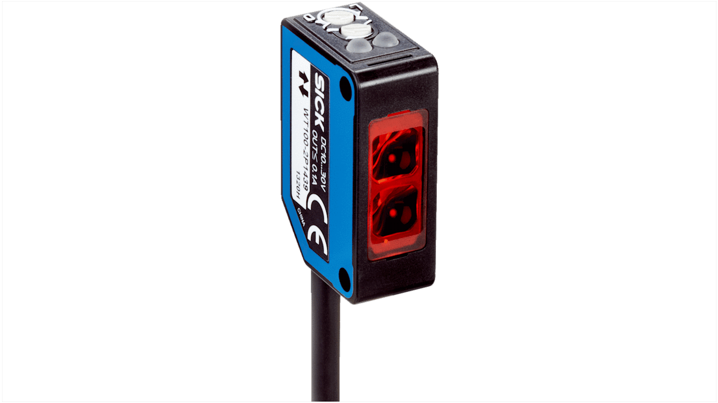 Sensore fotoelettrico rettangolare Sick WT100-2P1439, rilevamento fino a 1200 mm, uscita NPN, grado di protezione IP67.