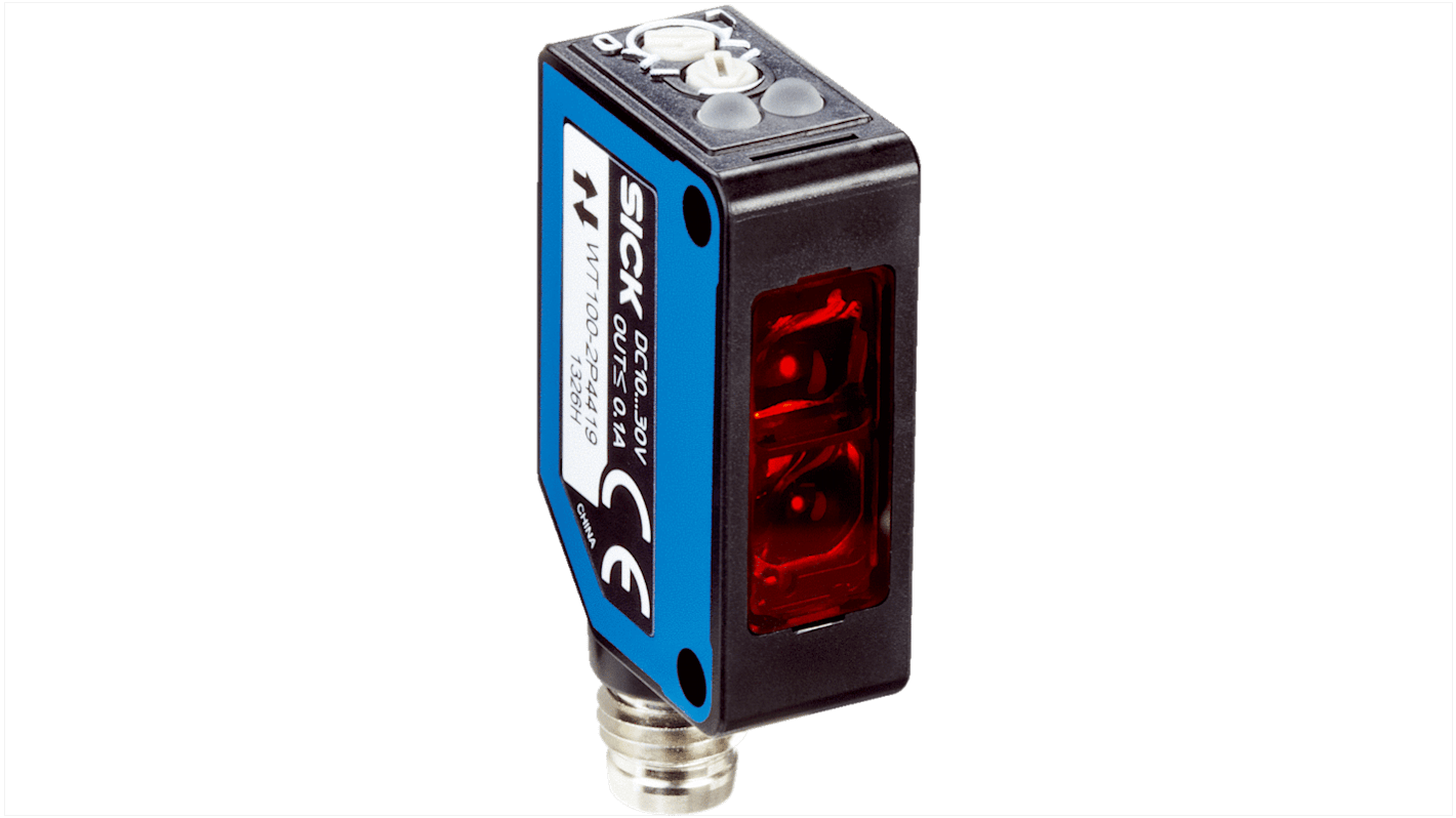 Sensore fotoelettrico miniaturizzato Sick WT100-2P3419, sblocco di sfondo, gamma 4-140 mm, connettore M8, IP67.