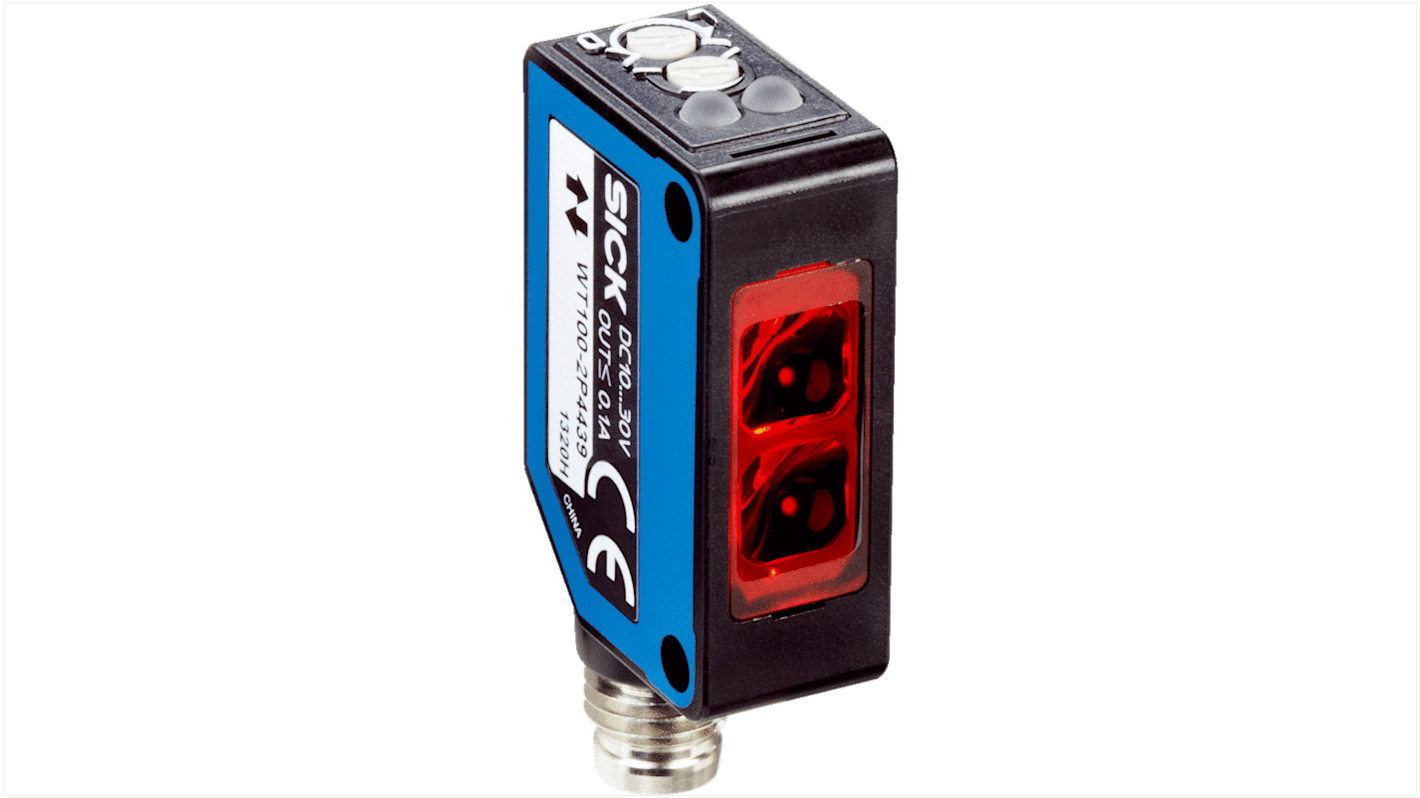 Sensore fotoelettrico miniaturizzato Sick WT100-2P4439, rilevamento fino a 1200 mm, uscita PNP, grado di protezione IP67.