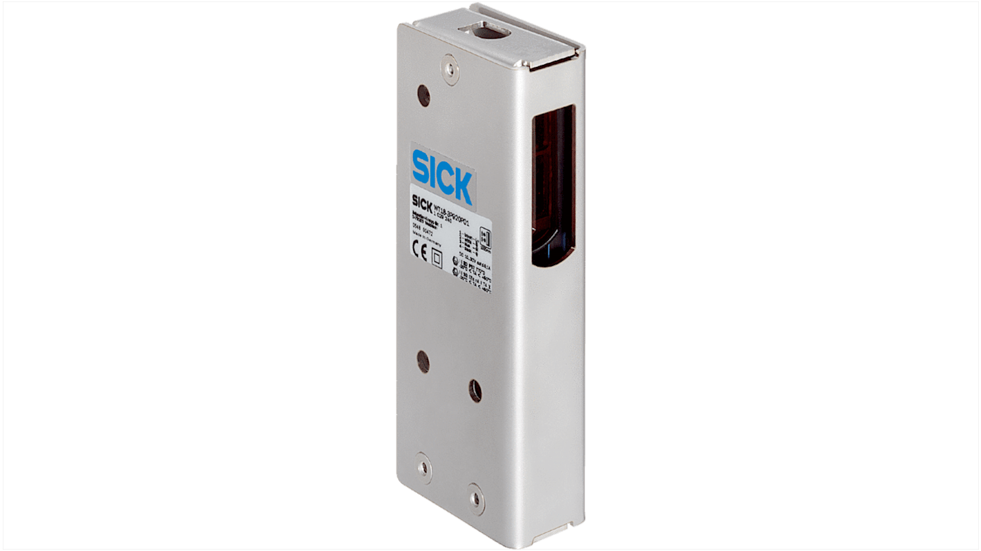Sensore fotoelettrico rettangolare Sick WT18X-3P920, rilevamento 10-1000 mm, uscita PNP, custodia metallica, grado di protezione IP67.