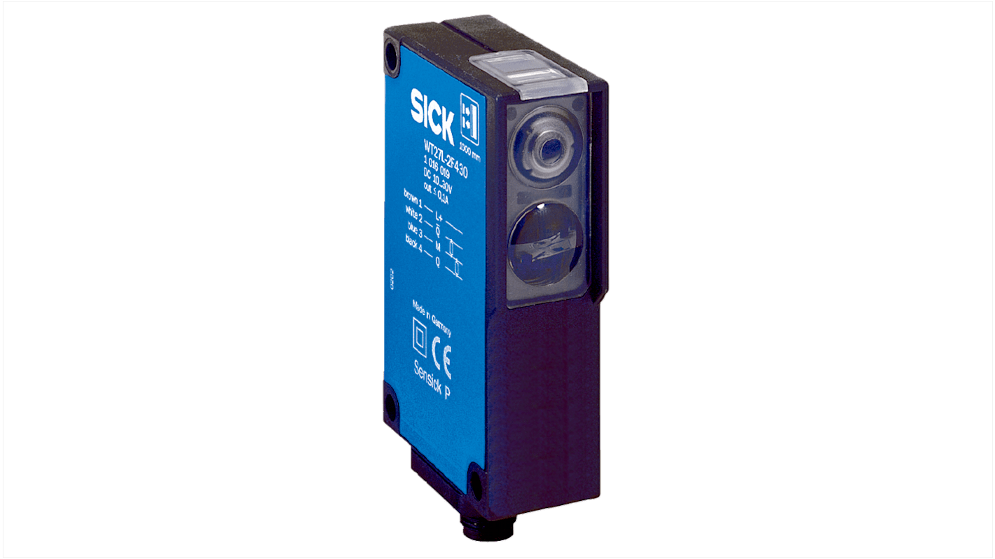 Sensore fotoelettrico rettangolare Sick WT27K-2F430, rilevamento 100-800 mm, uscita PNP, connettore M12, IP67.