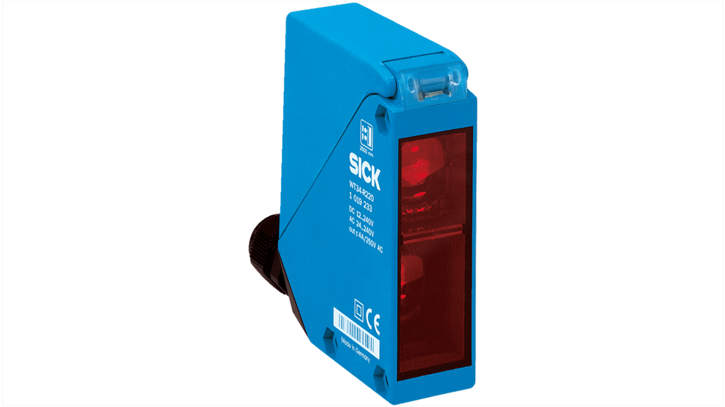 Sensore fotoelettrico rettangolare Sick WT34-V540 con soppressione di sfondo, gamma di rilevamento 100-1200 mm, uscita NPN/PNP, IP67.