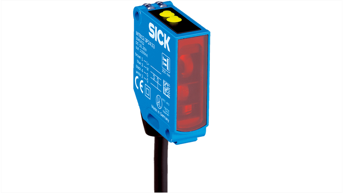 Sensore fotoelettrico rettangolare Sick WTB12-3P3433, rilevamento 20-350 mm, uscita PNP, grado di protezione IP67.