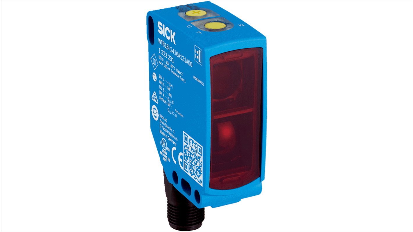 Sensore fotoelettrico rettangolare Sick WTB16I-2416A121A00, rilevamento 10-1500 mm, uscita PNP/NPN, montaggio filettato, IP66/IP67/IP69.