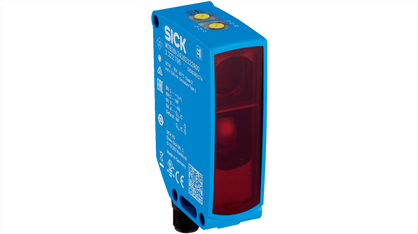 Sensore fotoelettrico Sick WTB26I-24161422A00, rettangolare, rilevamento 30-3000 mm, uscita NPN/PNP, connettore M12, IP66/IP67/IP69.