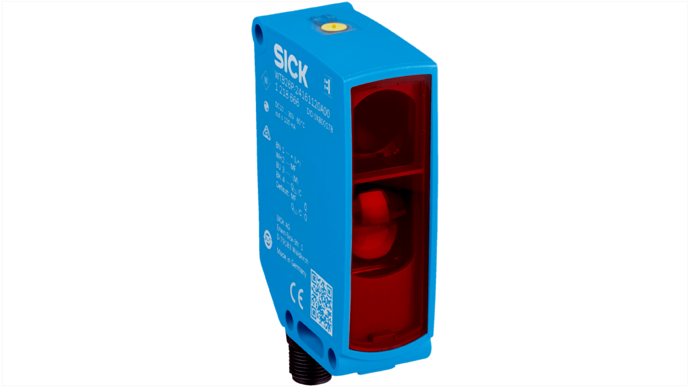 Sensore fotoelettrico Sick WTB26P-24161420A00, rettangolare, rilevamento 30-3000 mm, uscita PNP/NPN, connettore M12. Grado di protezione IP66/IP67/IP69.