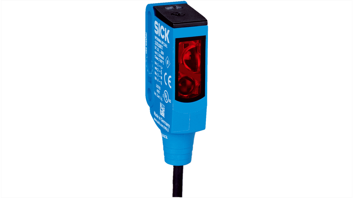 Sensore fotoelettrico Sick WTB9M4-3P3411S14, rettangolare, rilevamento 20-350 mm, uscita PNP, IP66/IP67/IP69, temperatura -40/+60 °C.