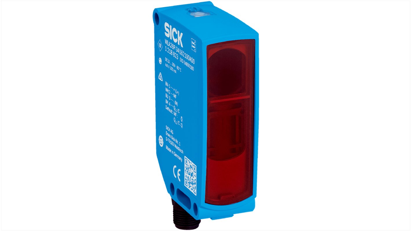 Sensore fotoelettrico rettangolare Sick WTF26P24161420A00, rilevamento fino a 800 mm, uscita NPN/PNP, connettore M12, IP66/IP67/IP69.