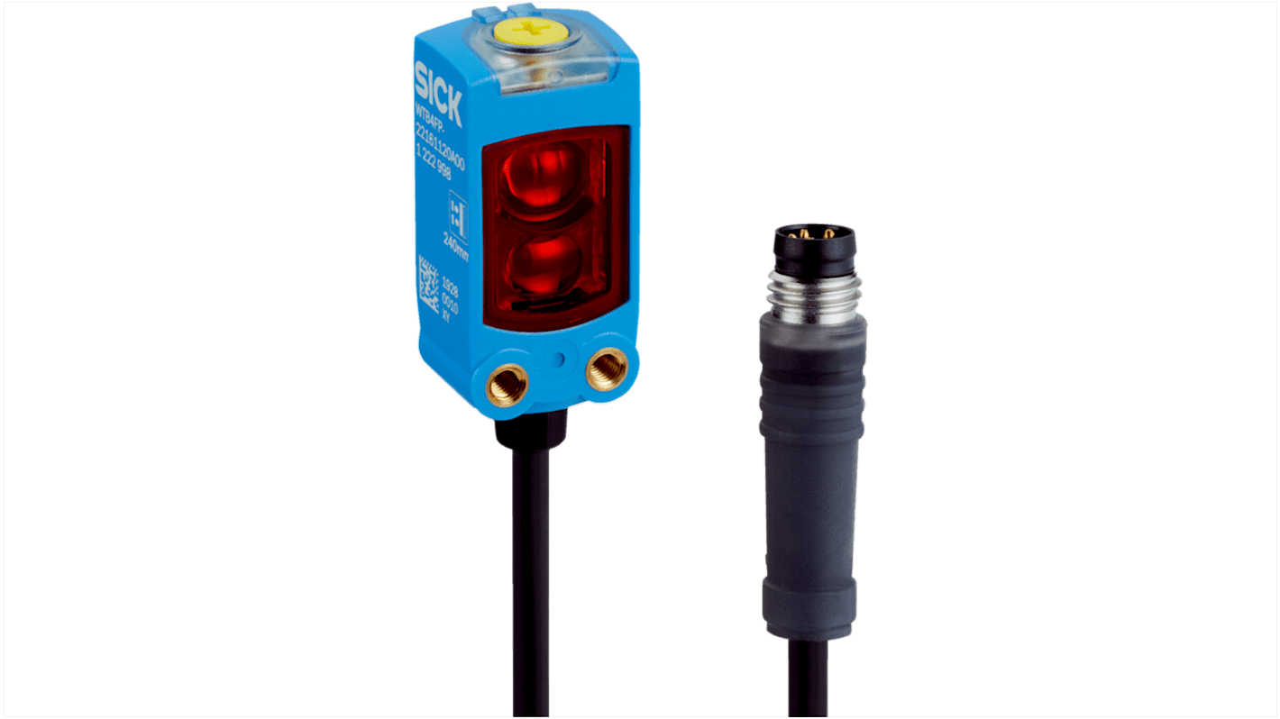 Sensore fotoelettrico rettangolare Sick WTF4FD-32162220A00, rilevamento 100 mm, uscita PNP/NPN, grado di protezione IP66/IP67.