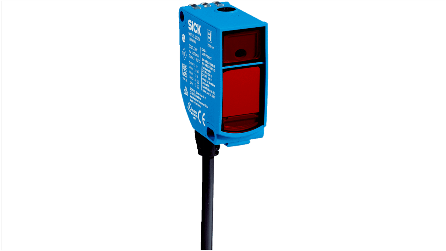 Sensore fotoelettrico rettangolare Sick WTT12L-B3561, con rilevamento da 50 a 3800 mm, uscita NPN/PNP, grado di protezione IP67.
