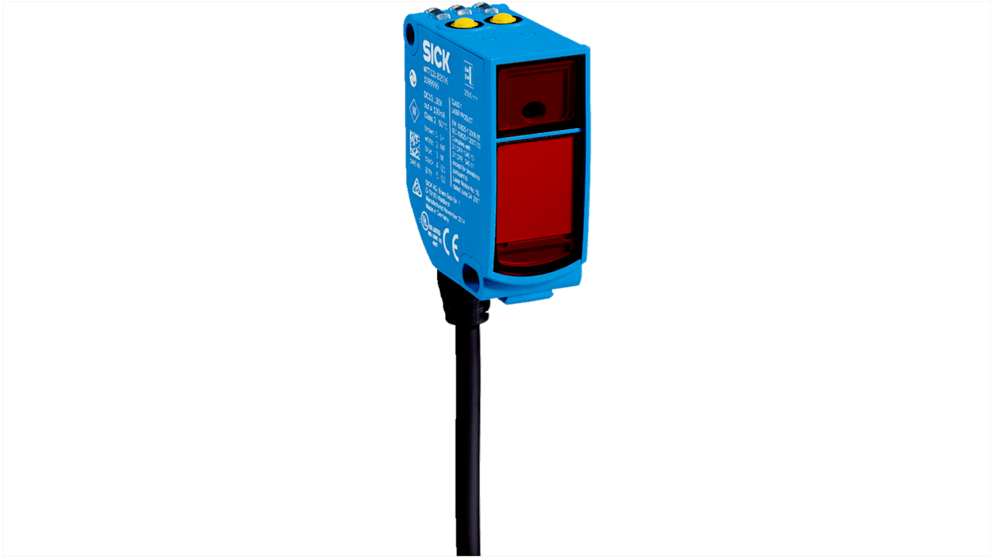 Sensore fotoelettrico rettangolare Sick WTT12LC-B3563, rilevamento 50-3800 mm, uscita PNP/NPN, IP67, tecnologia laser.