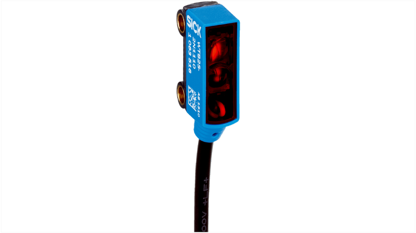 Sensore fotoelettrico rettangolare Sick WTV2S-2N1125 con soppressione di sfondo, uscita NPN, grado di protezione IP67.