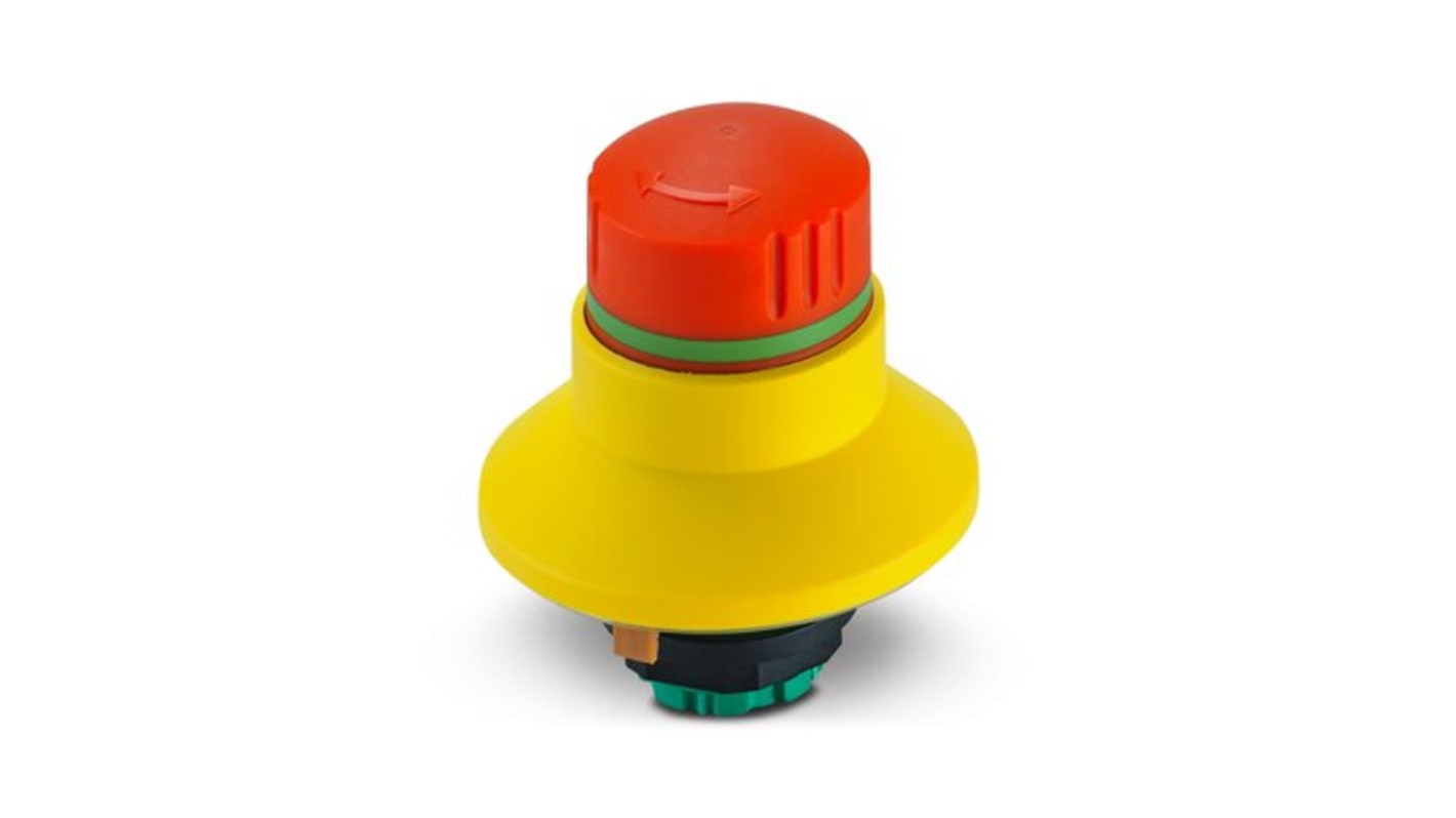 Attuatore arresto di emergenza Phoenix Contact, dispositivo elettromeccanico con diametro foro 22.3 mm e montaggio senza utensili.