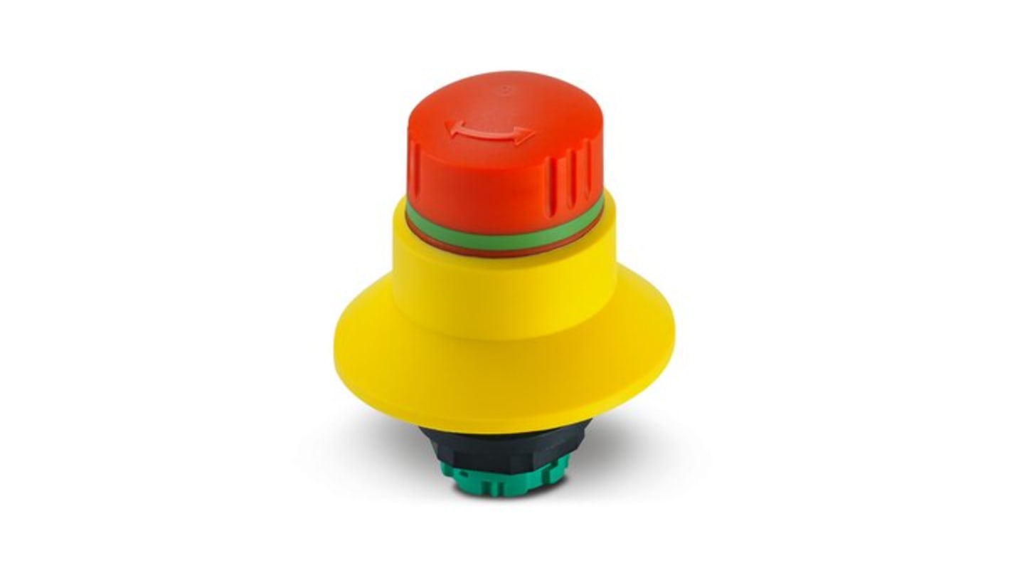 Attuatore arresto di emergenza Phoenix Contact, dispositivo elettromeccanico con diametro foro 22.3 mm e montaggio senza utensili.