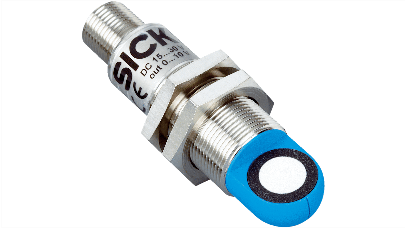 Sensore di prossimità a ultrasuoni cilindrico Sick UM18-21212C212, rilevamento fino a 600 mm, corpo in metallo, grado di protezione IP65/IP67.