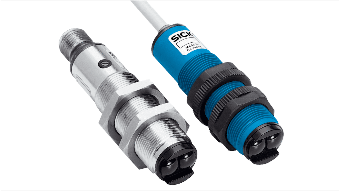 Sensore fotoelettrico cilindrico Sick VL18-4P3712 a retroriflessione, rilevamento 0,05-3,7 m, uscita PNP, IP67.