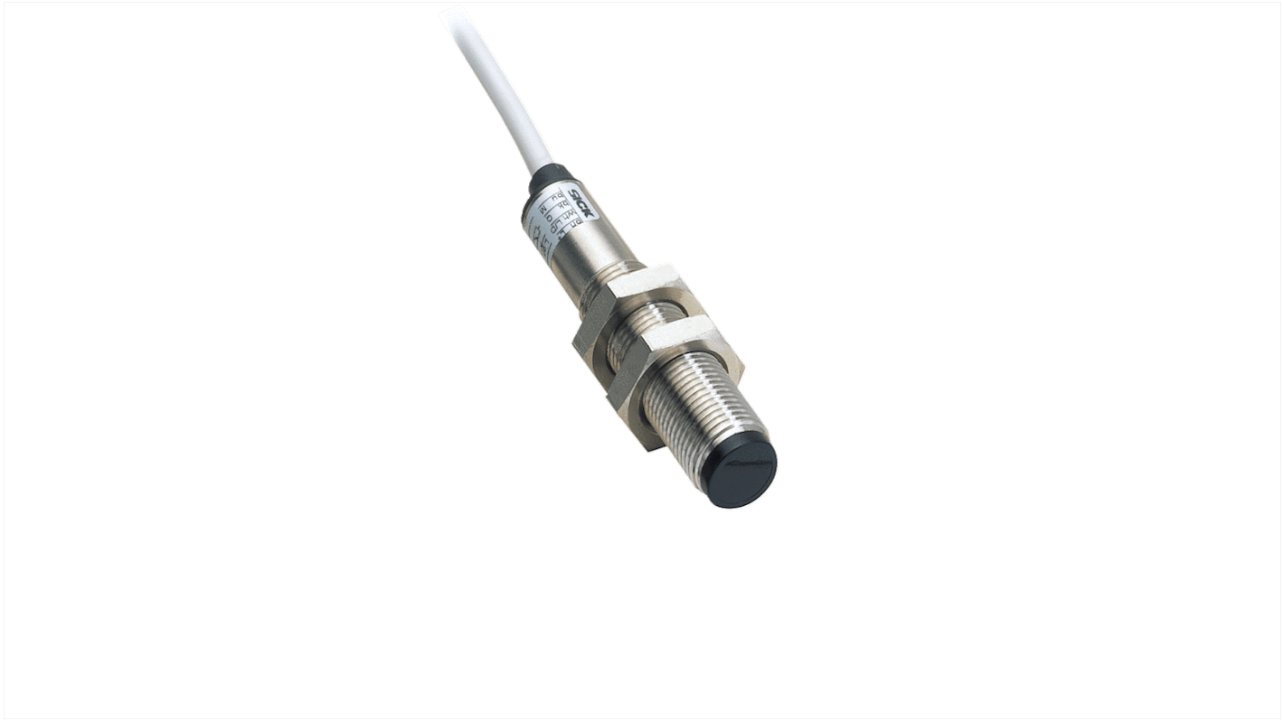 Sensore fotoelettrico cilindrico Sick VT12T-2P132, rilevamento 340 mm, uscita PNP, grado di protezione IP67, montaggio M12.