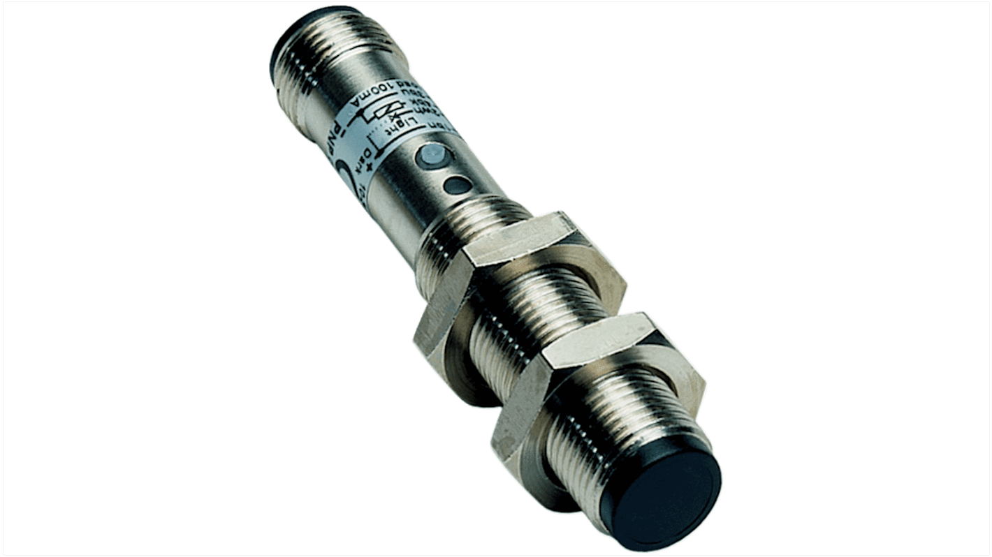 Sensore fotoelettrico cilindrico Sick VT12T-2P410, rilevamento 115 mm, uscita PNP, IP67, temperatura -25/+70 °C.
