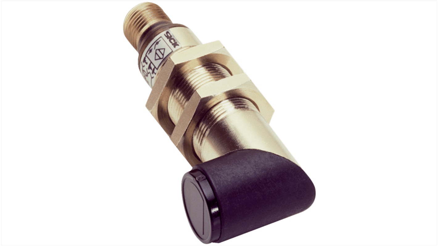 Sensore fotoelettrico cilindrico Sick VTF18-4P1440, rilevamento 100 mm, uscita PNP, connettore M12, grado di protezione IP67.