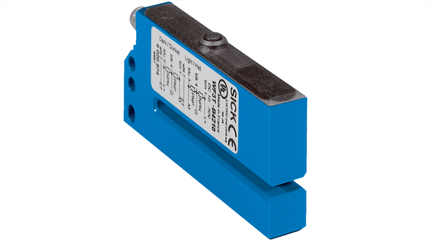 Sensore fotoelettrico a forcella Sick WF3T-B4210, rilevamento 3-60 mm, custodia in alluminio, montaggio a pannello, IP65.