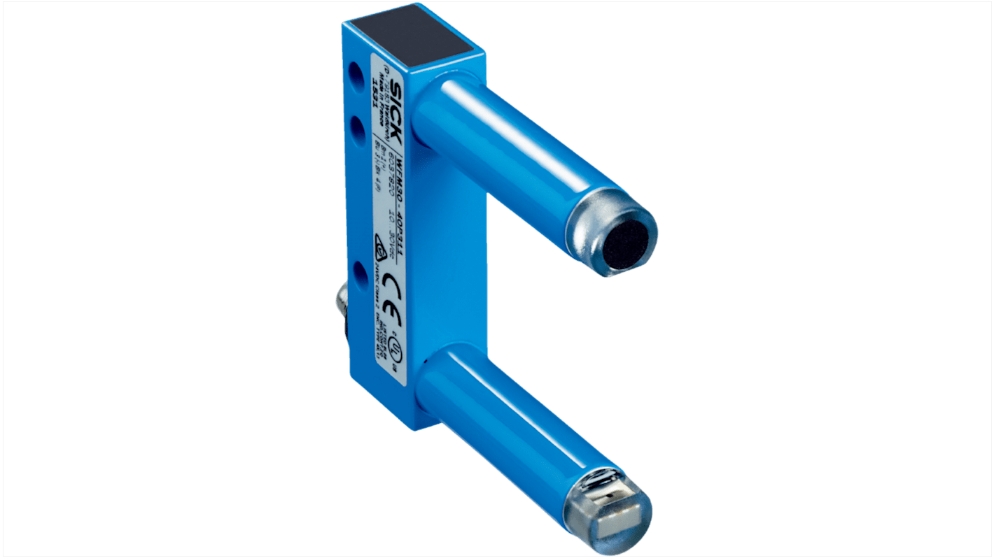 Sensore fotoelettrico a forcella Sick WFM30-40P111, rilevamento 30 mm, uscita PNP, custodia metallica, grado di protezione IP67.