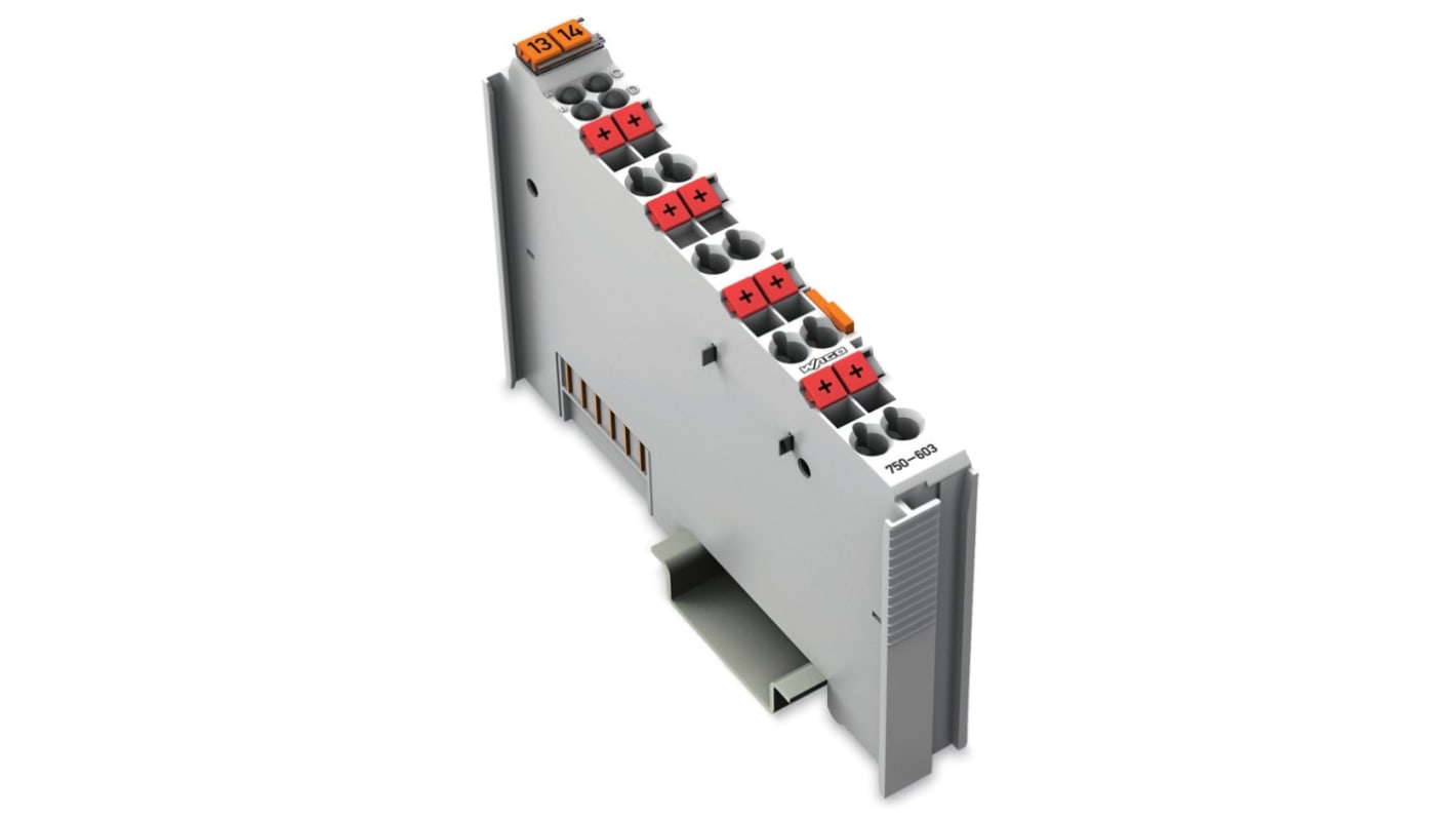 Modulo I/O distribuito Wago 750-603, 8 canali 24 V CC, dimensioni 69,8 x 12 x 100 mm, montaggio su guida senza morsettiere.