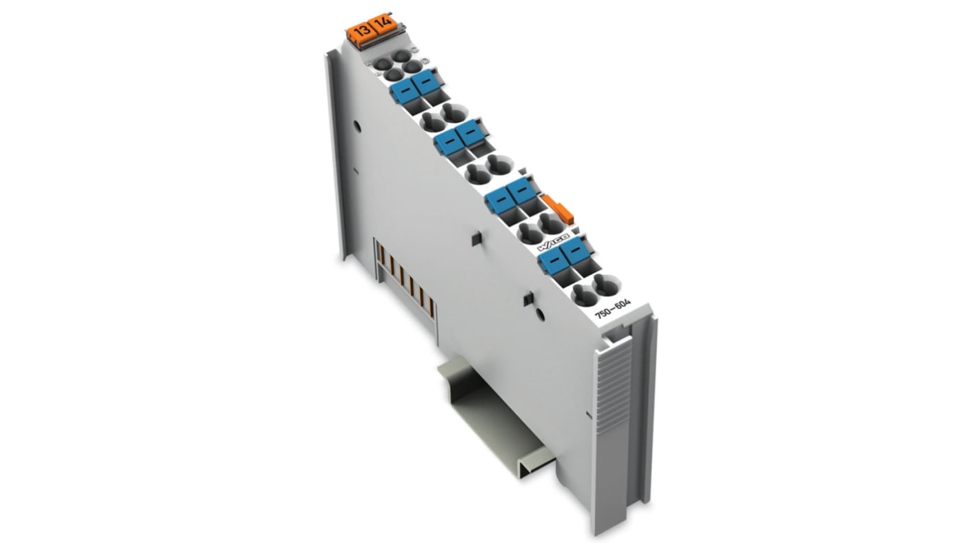 Modulo I/O distribuito Wago 750-604, 8 canali di uscita, dimensioni 69,8 x 12 x 100 mm, montaggio su guida senza morsettiere.
