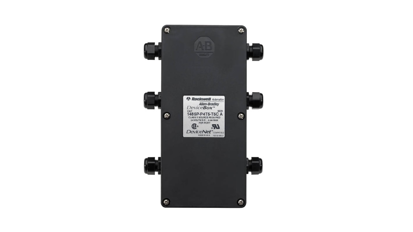 Zoccolo relè Rockwell Automation 1485P-P2T5-T5 per DeviceNet, con pressacavi e connettori morsettiera, temperatura -25°C.