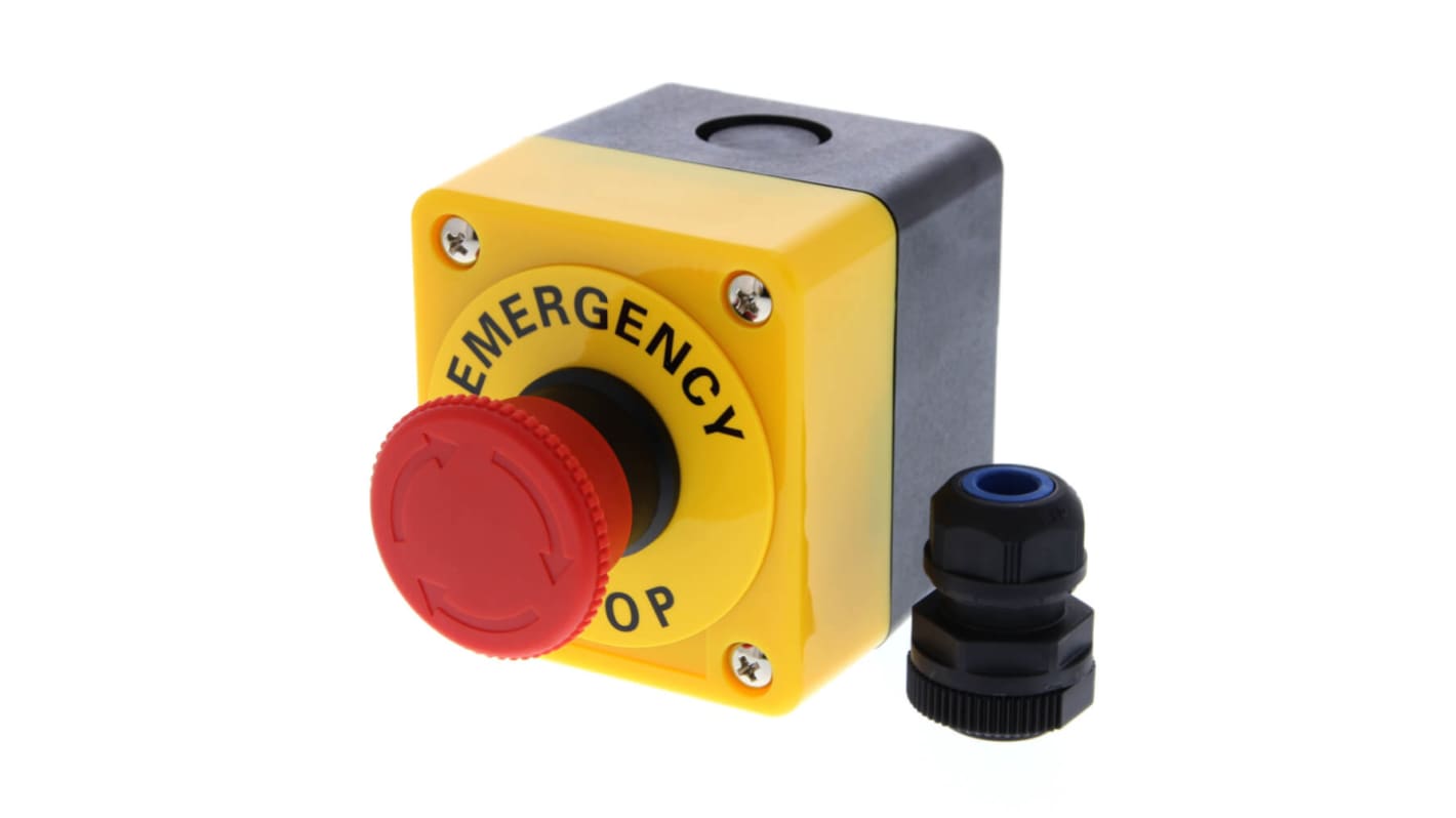 Pulsante di arresto di emergenza Omron A22E-M-02B, montaggio superficiale, diametro 40mm, protezione IP65, 24V.