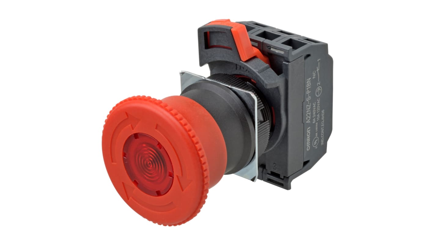 Omron A22NE-M-P102-C, pulsante di arresto di emergenza montaggio a pannello, diametro 40mm, protezione IP65, 24V.