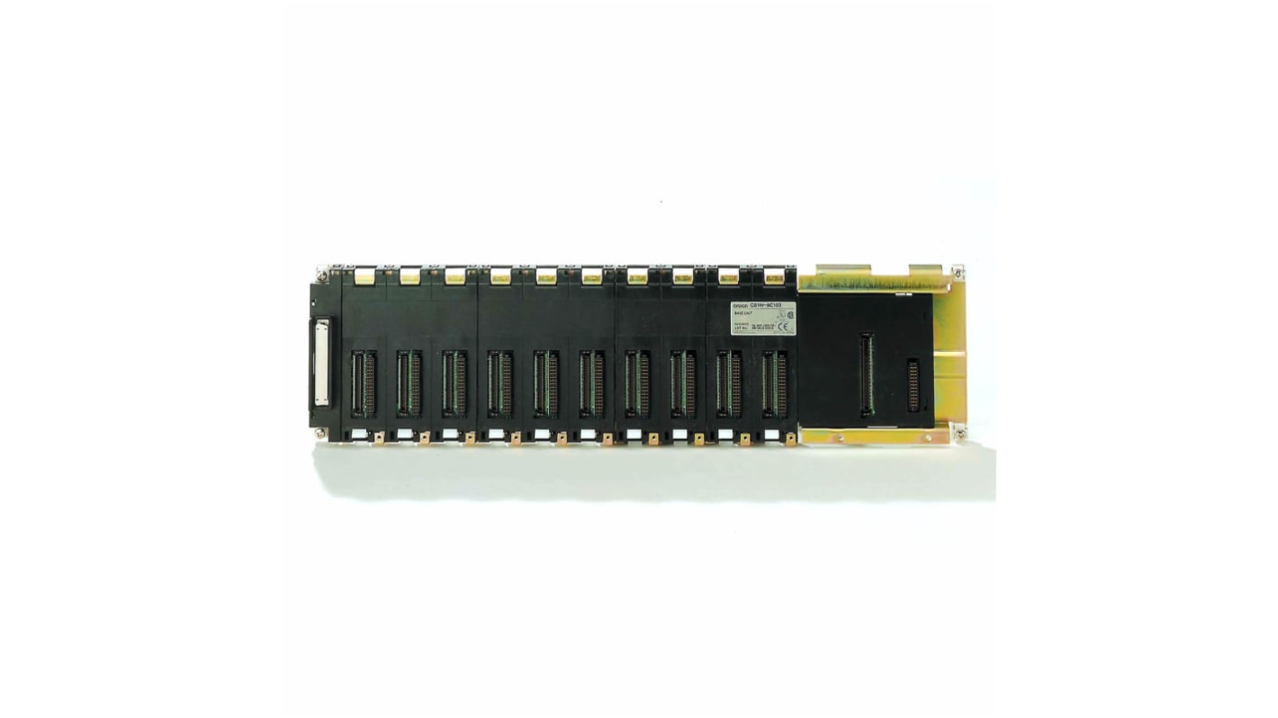 Backplane Omron CS1W-BC103 per guida DIN, 10 slot, alimentazione 24 V c.c. o 100-240 V c.a., dimensioni 135 x 330 x 123 mm.