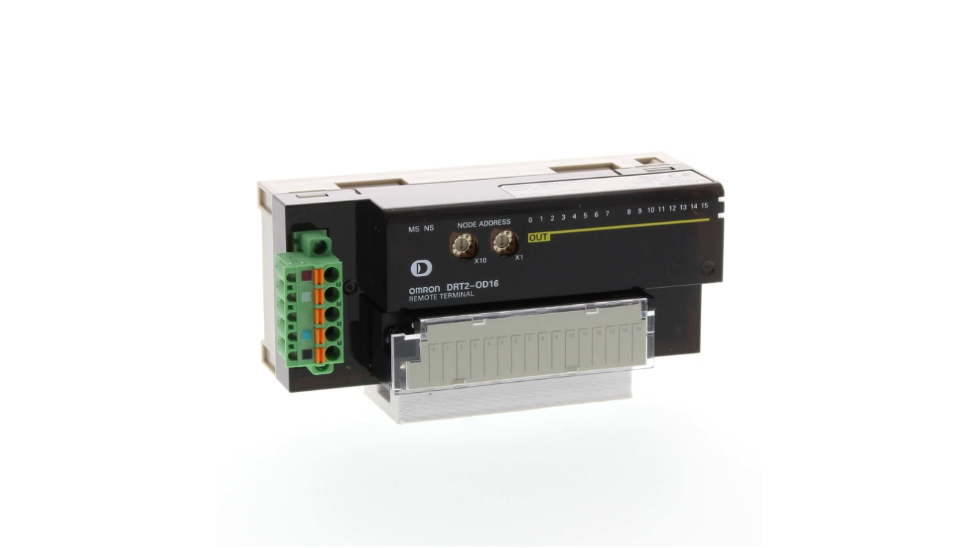 Omron DRT2-OD16, modulo I/O remoto NPN per reti DeviceNet, dimensioni 50 x 115 x 49,7 mm, contenitore IP20.