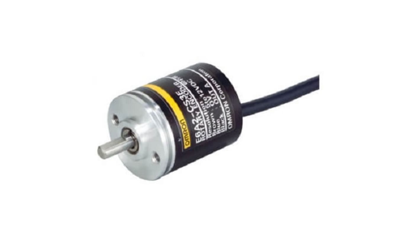 Encoder incrementale NPN Omron E6A2-CS5C, 100 impulsi/giro, diametro esterno 25 mm, resistenza agli urti, montaggio radiale/assiale.