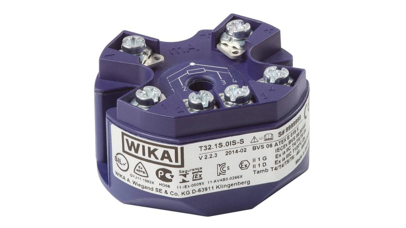 Trasmettitore di temperatura WIKA 12655440, ingresso PT100, uscita 4-20 mA, range -40°C a 85°C, diametro 49,5 mm.