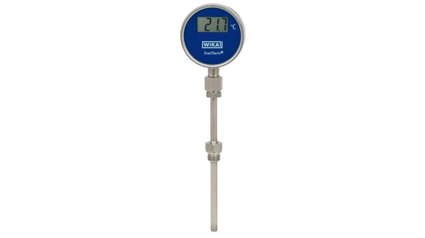 Sensore RTD WIKA 48799282 per misurazione temperatura -40°C a +199.9°C, con display digitale e funzionamento autonomo.