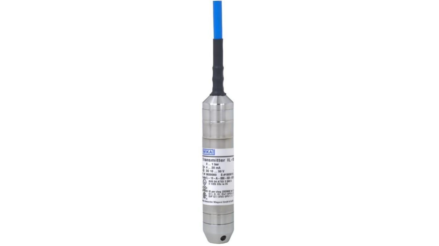 Sonda di livello WIKA 48799921, serie IL-10, montaggio cavo, uscita 4-20 mA, corpo in acciaio inox, lunghezza cavo 30 m, IP68.