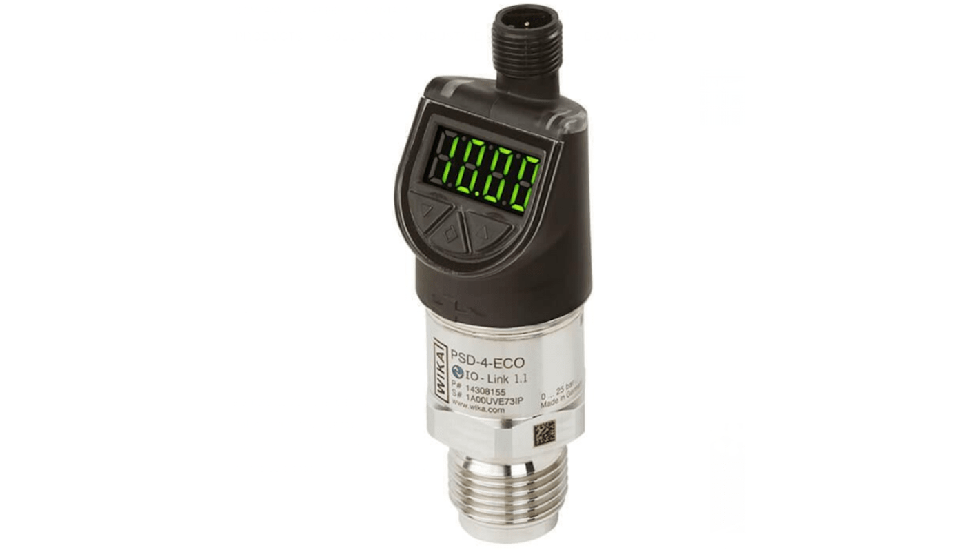 Sensore di pressione relativa WIKA 48804257, 16 bar max, uscita PNP, design compatto per installazione in spazi ristretti.