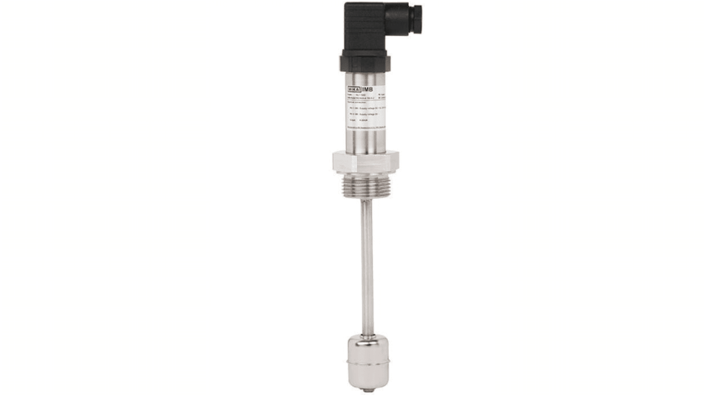 Interruttore a galleggiante WIKA 48735115 in acciaio inossidabile, montaggio orizzontale, lunghezza cavo 290 mm, tensione massima 32V.