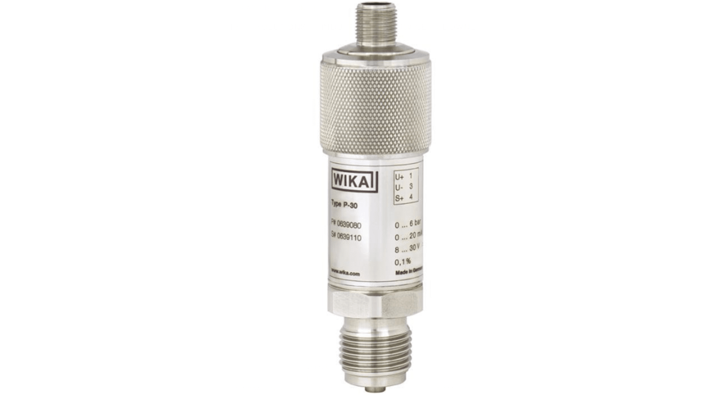 Sensore di pressione relativa WIKA 14001176, 16 bar max, uscita 0-10 V, precisione 0,05%, design compatto.