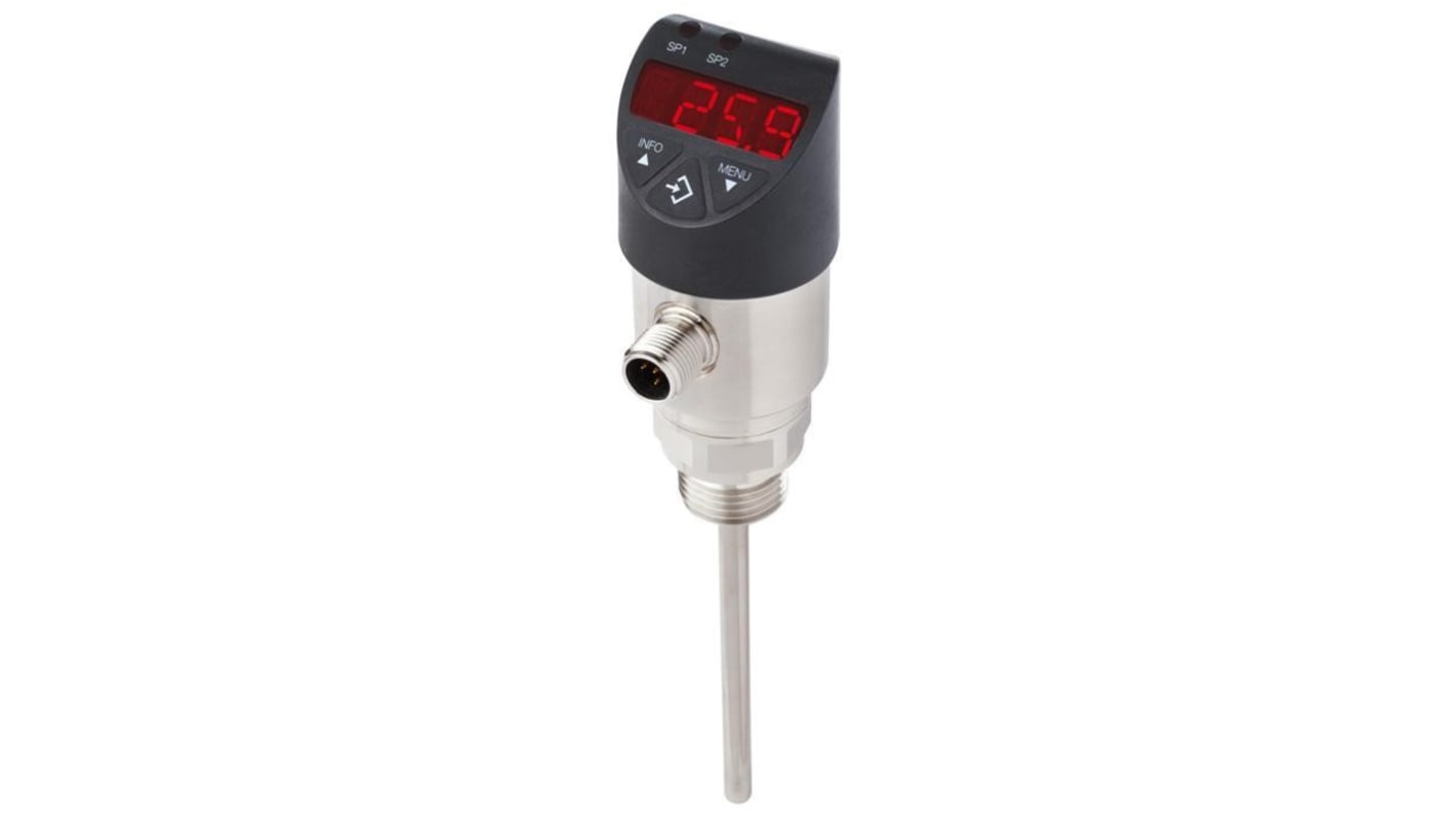 Sensore RTD WIKA 14034917, sonda 100mm, rileva temperature da -20°C a +80°C, connessione M12, display LED 9mm, facile montaggio.
