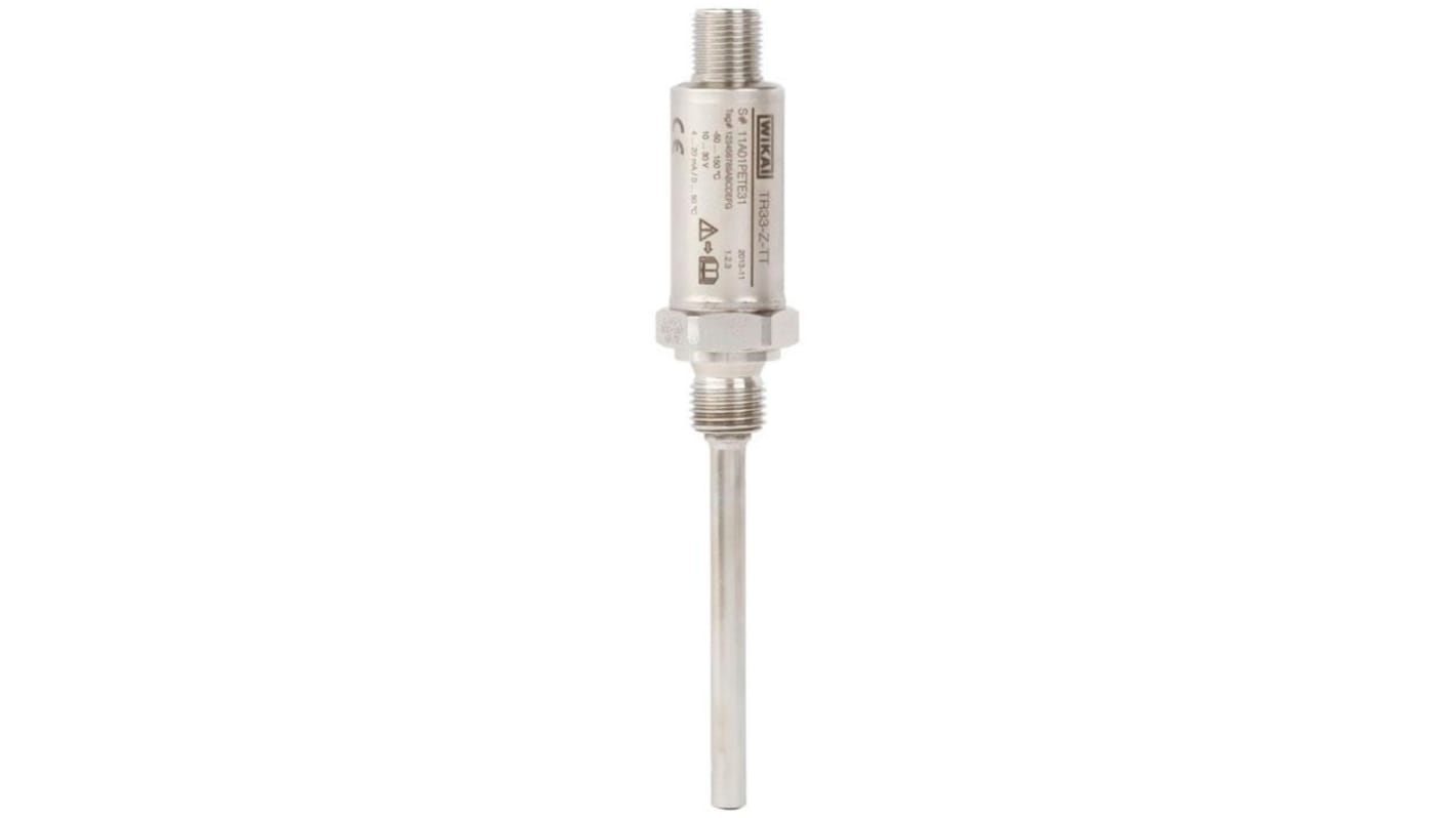 Sensore RTD WIKA 14122142, sonda di 100mm, diametro 6mm, precisione classe A, collegamento M12, resistenza a vibrazioni, per temperature -40°C/+85°C.