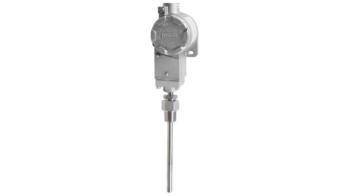 Sensore RTD WIKA 14160376, rilevamento temperatura -70°C/+120°C, montaggio NPT 1/2, design robusto e resistente alla corrosione.