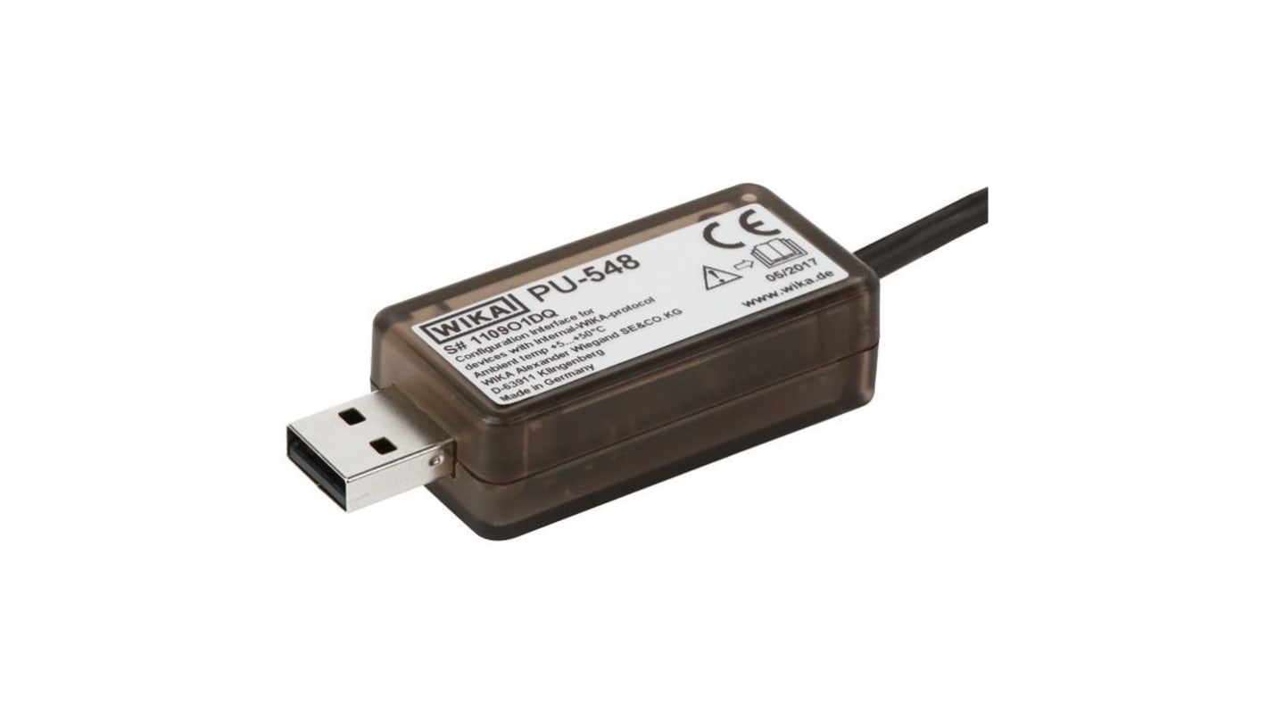Trasmettitore di temperatura WIKA 14231581, modello PU-548, compatto 50 x 25 x 15,5 mm, con ingresso e uscita USB.
